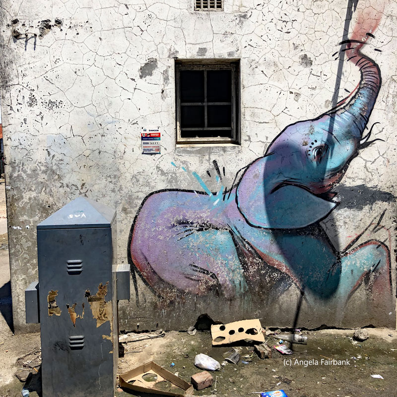 elephant on side of toilet block
