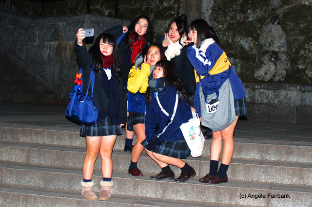school girl group in selfie at Kiyomizu Temple